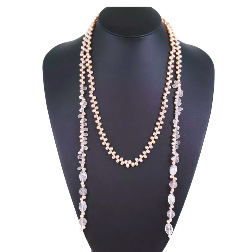 Pink Pearl and Quartz Open Wrap Necklace